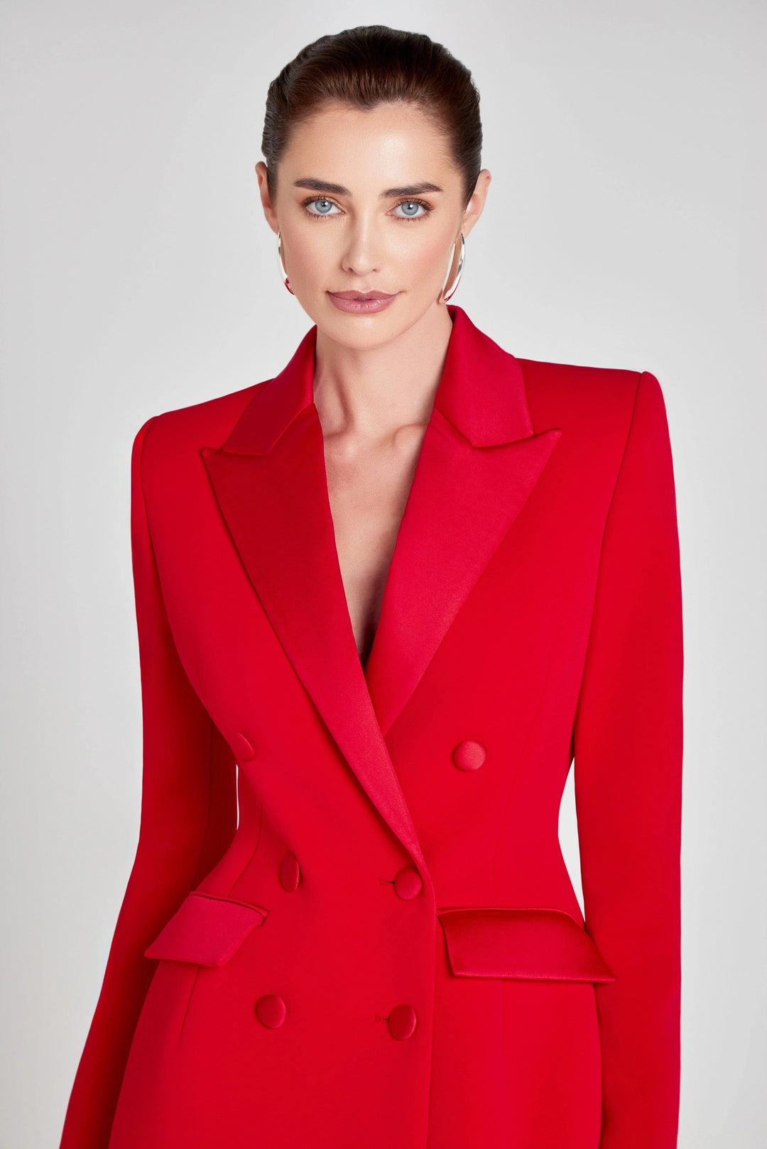 solovedress Red Double Breasted Satin Lapel Women Blazer
