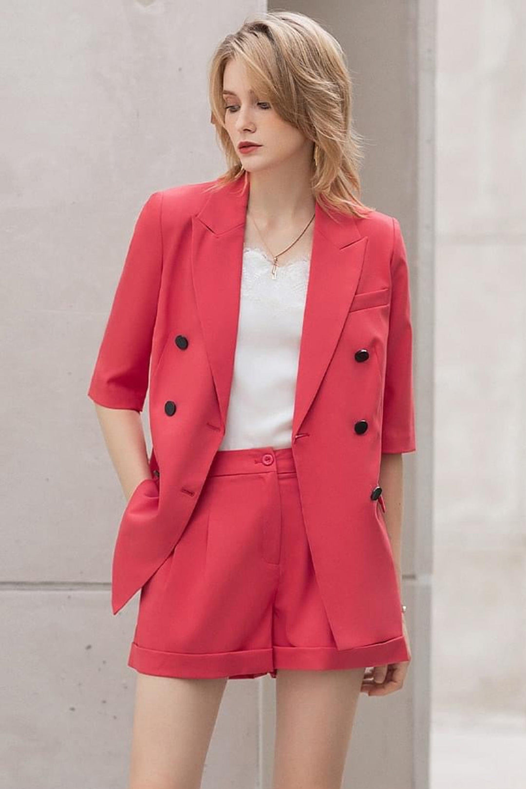 solovedress Red Summer Three-quarter Sleeve Women's Shorts Set (Blazer + Shorts)