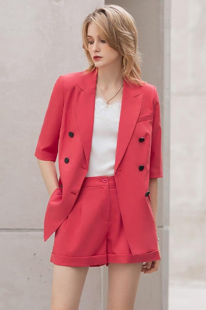 solovedress Red Summer Three-quarter Sleeve Women's Shorts Set (Blazer + Shorts)