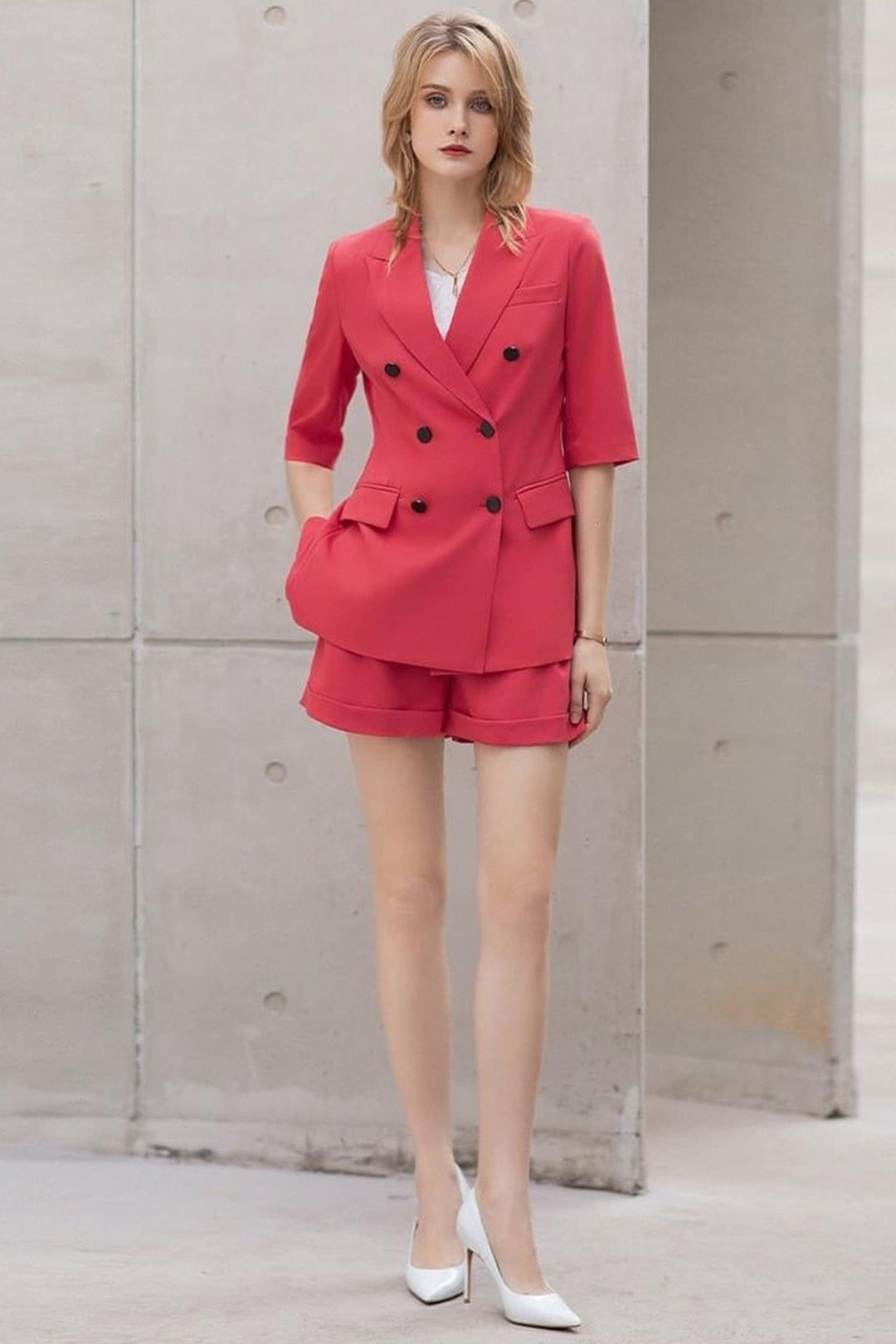 solovedress Red Summer Three-quarter Sleeve Women's Shorts Set (Blazer + Shorts)