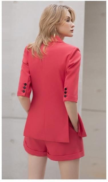 solovedress Red Summer Three-quarter Sleeve Women's Shorts Set (Blazer + Shorts)