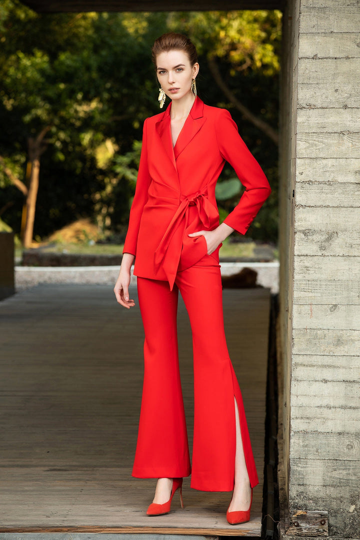 solovedress Red Women’s Suit Set – Tie Waist Blazer & Split Hem Pants