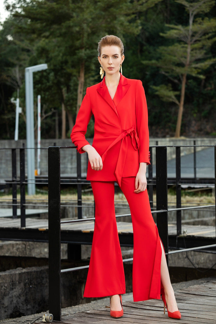 solovedress Red Women’s Suit Set – Tie Waist Blazer & Split Hem Pants