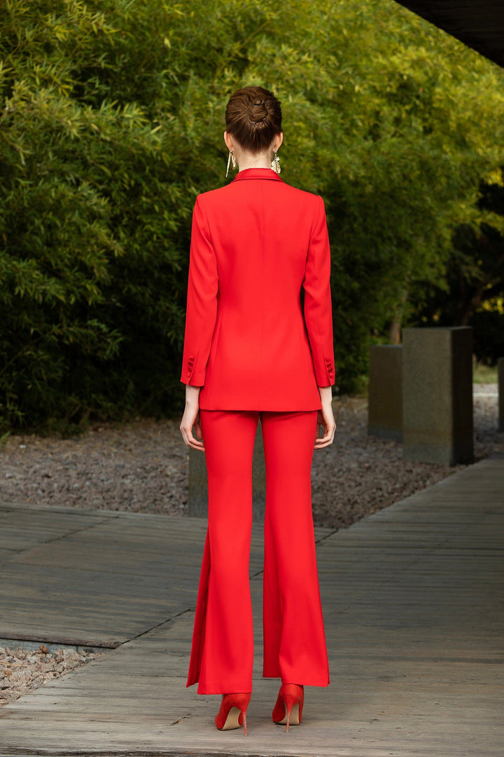 solovedress Red Women’s Suit Set – Tie Waist Blazer & Split Hem Pants