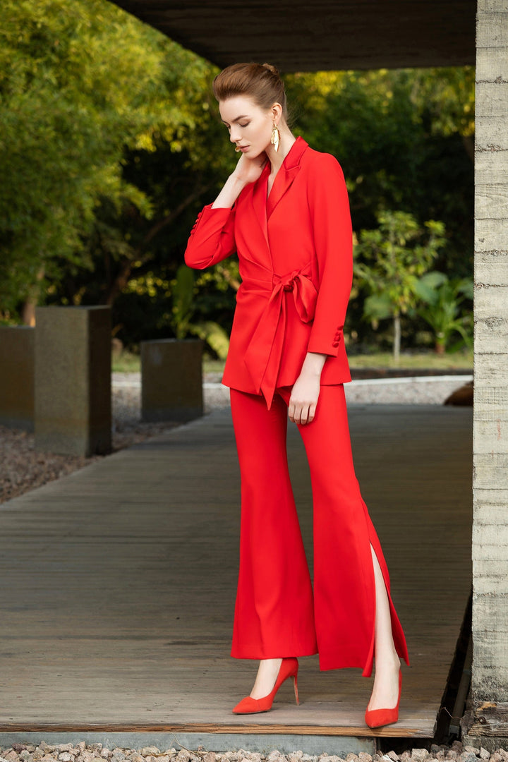 solovedress Red Women’s Suit Set – Tie Waist Blazer & Split Hem Pants