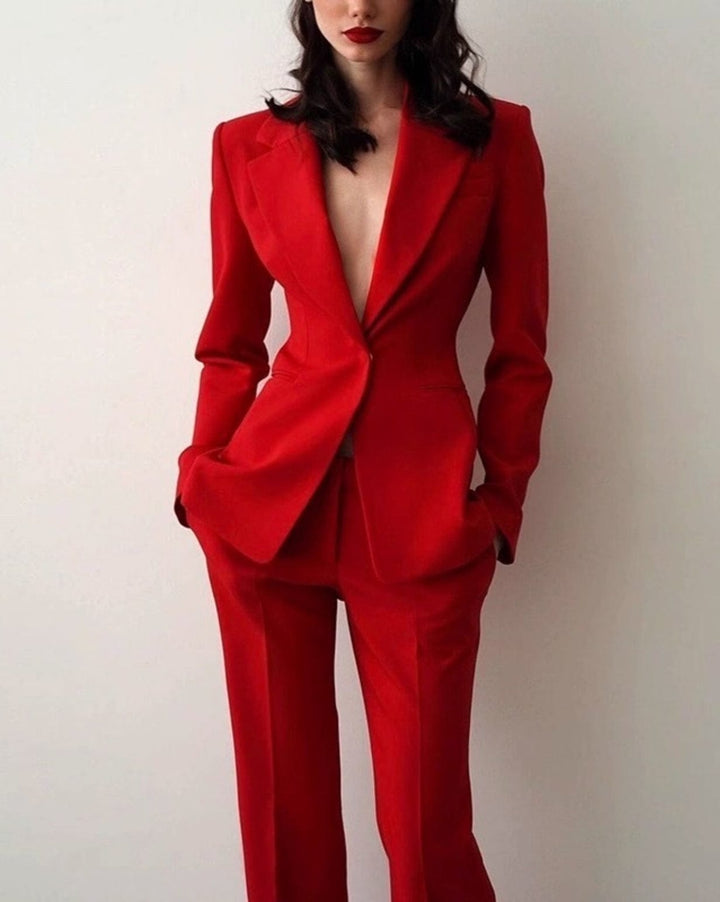 solovedress Red Women's Two-Piece Suit with Hidden Button Closure