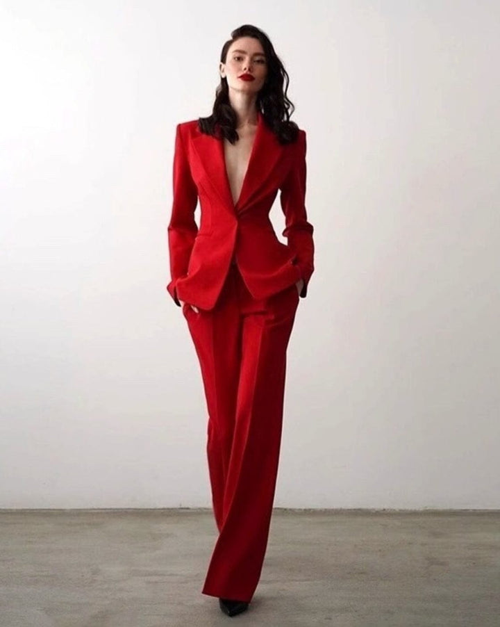 solovedress Red Women's Two-Piece Suit with Hidden Button Closure