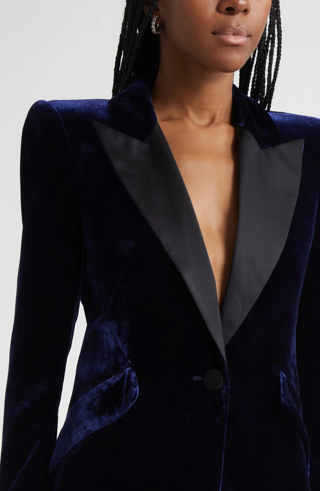 solovedress SoloveDress Navy Velvet Women’s Blazer with Satin Peak Lapel