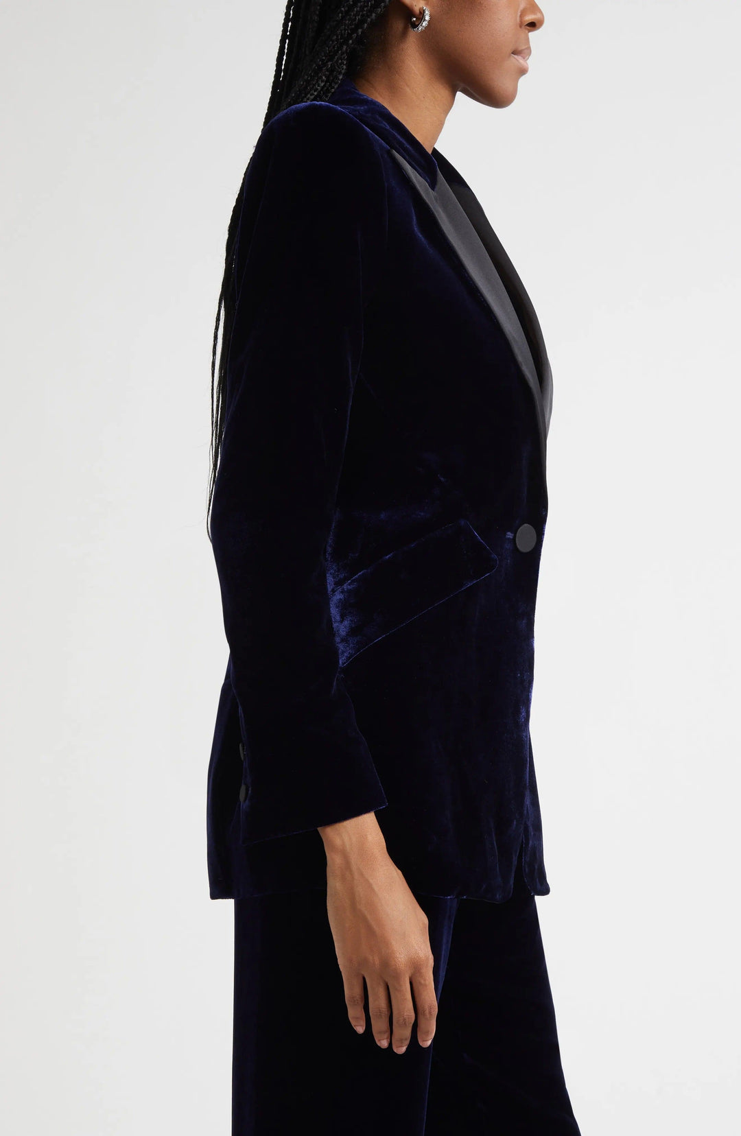 solovedress SoloveDress Navy Velvet Women’s Blazer with Satin Peak Lapel
