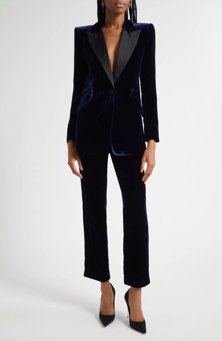 solovedress SoloveDress Navy Velvet Women’s Blazer with Satin Peak Lapel