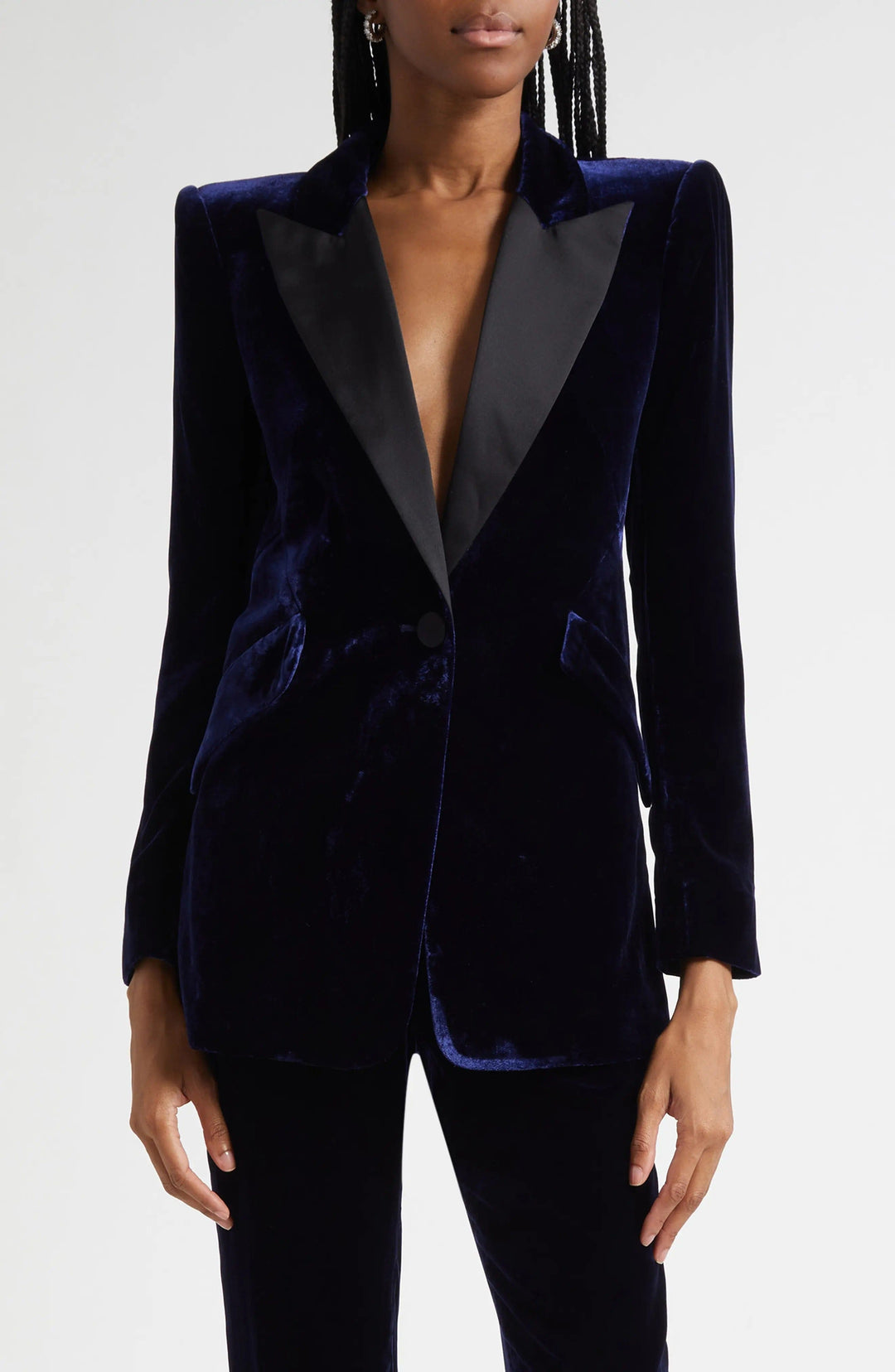 solovedress SoloveDress Navy Velvet Women’s Blazer with Satin Peak Lapel