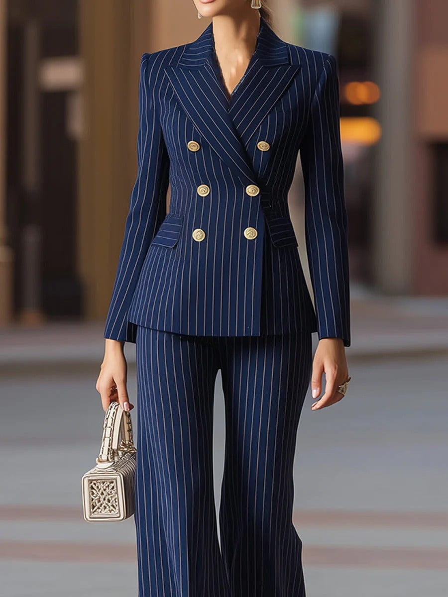 solovedress SoloveDress Women’s Navy Striped 2-Piece Double-Breasted Suit