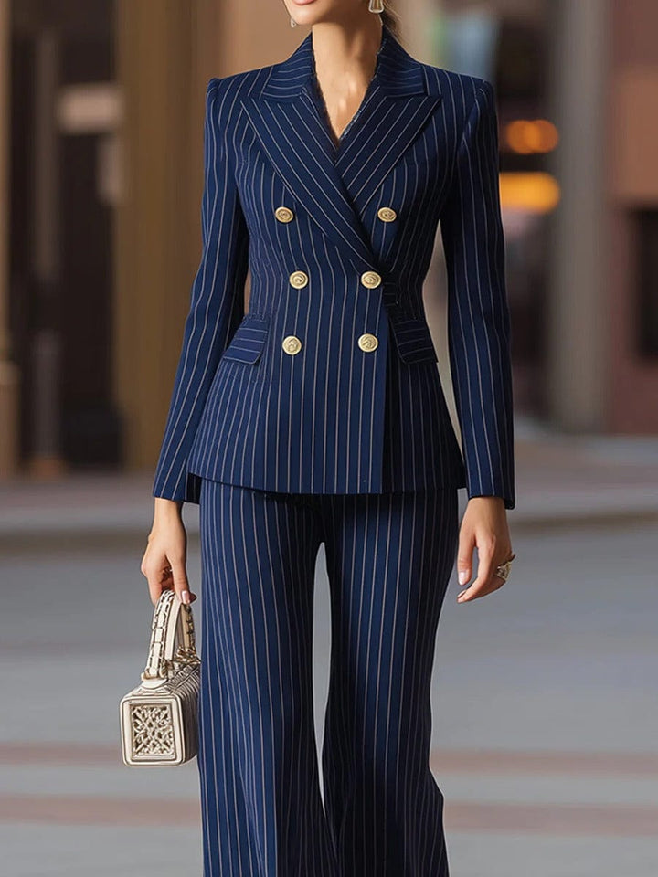 solovedress SoloveDress Women’s Navy Striped 2-Piece Double-Breasted Suit