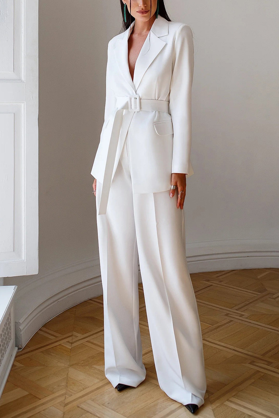 solovedress White 2 Piece Belted Business Casual Slim Fit Women's Suit (Blazer+Pants)