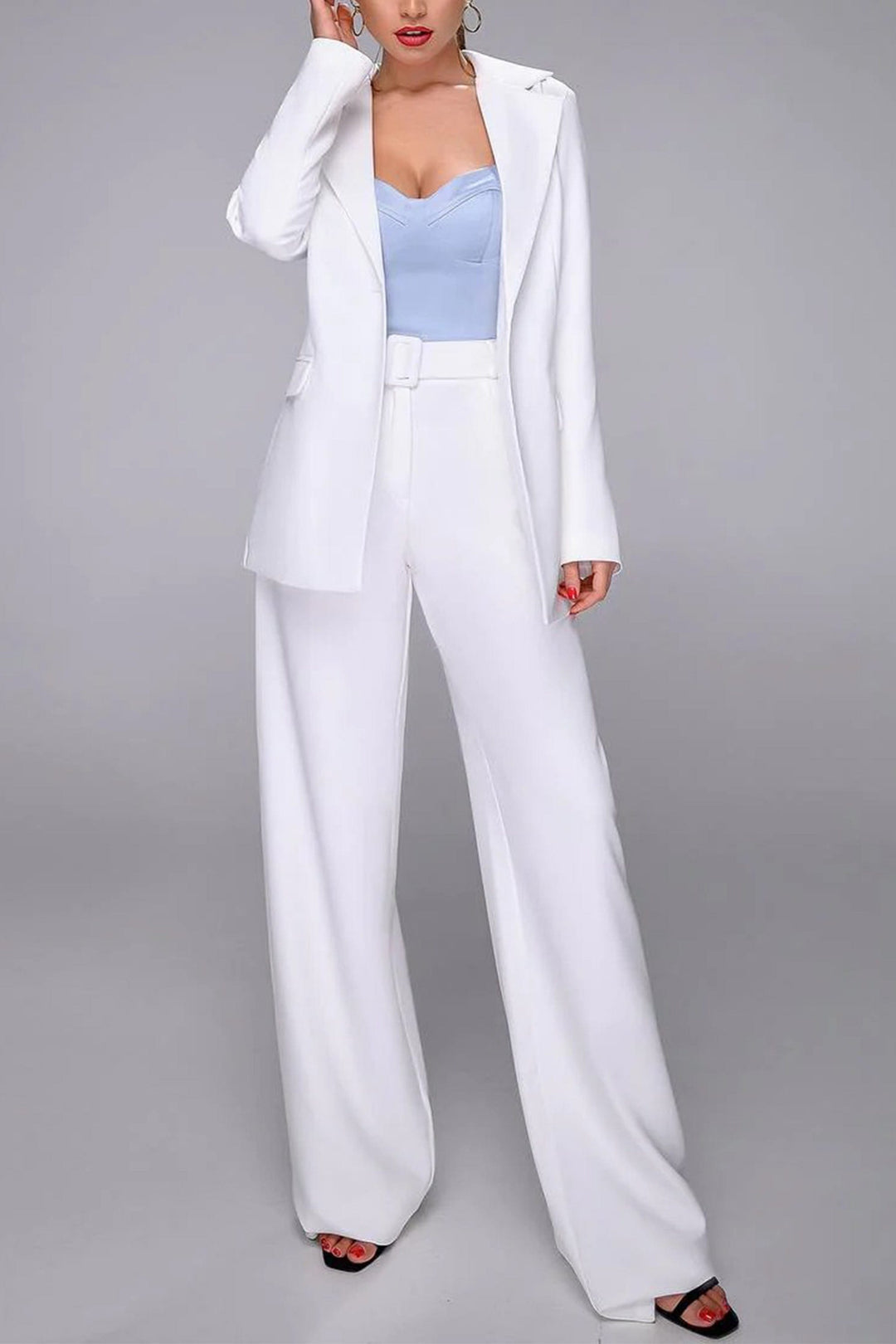 solovedress White 2 Piece Belted Business Casual Slim Fit Women's Suit (Blazer+Pants)