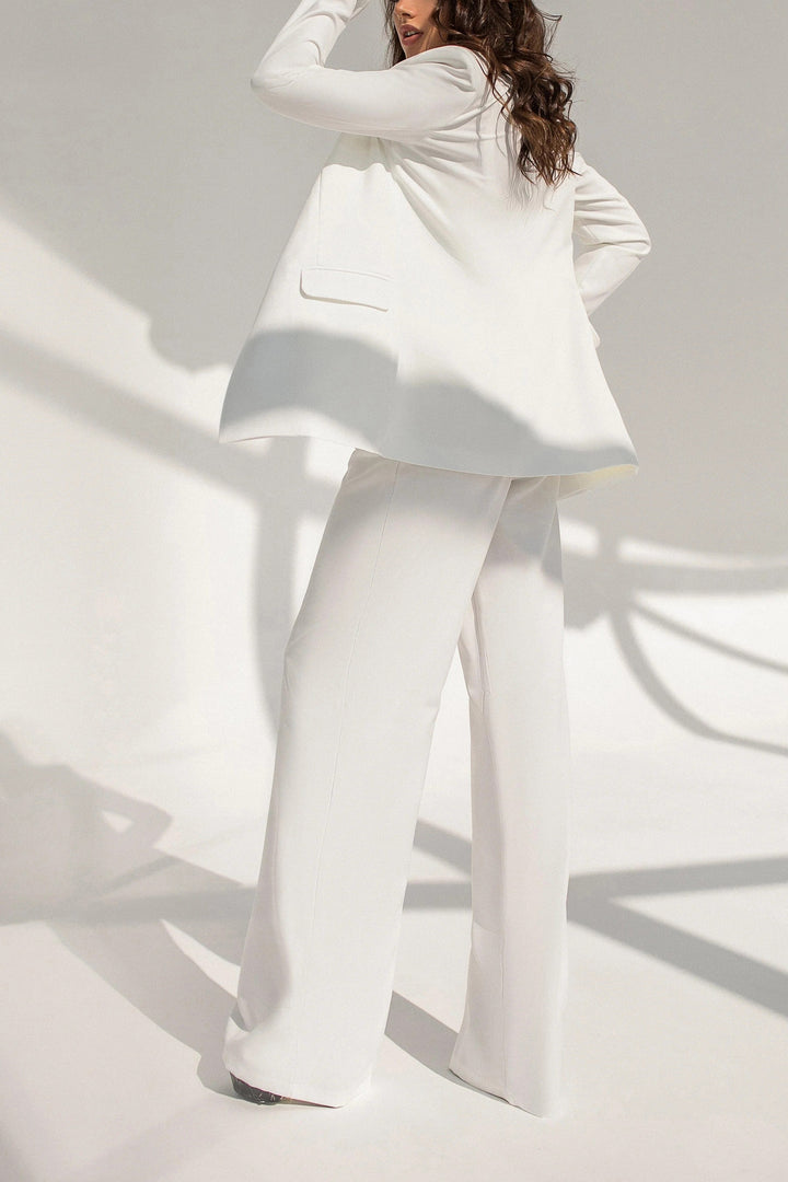 solovedress White 2 Piece Belted Business Casual Slim Fit Women's Suit (Blazer+Pants)