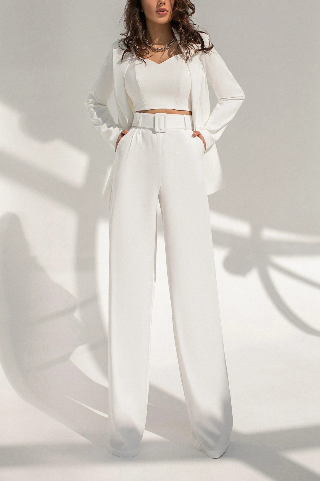 solovedress White 2 Piece Belted Business Casual Slim Fit Women's Suit (Blazer+Pants)