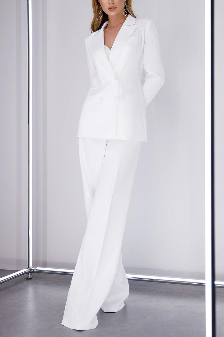 solovedress White 2 Piece Double Breasted Business Casual Slim Fit Women Suit (Blazer+Pants)