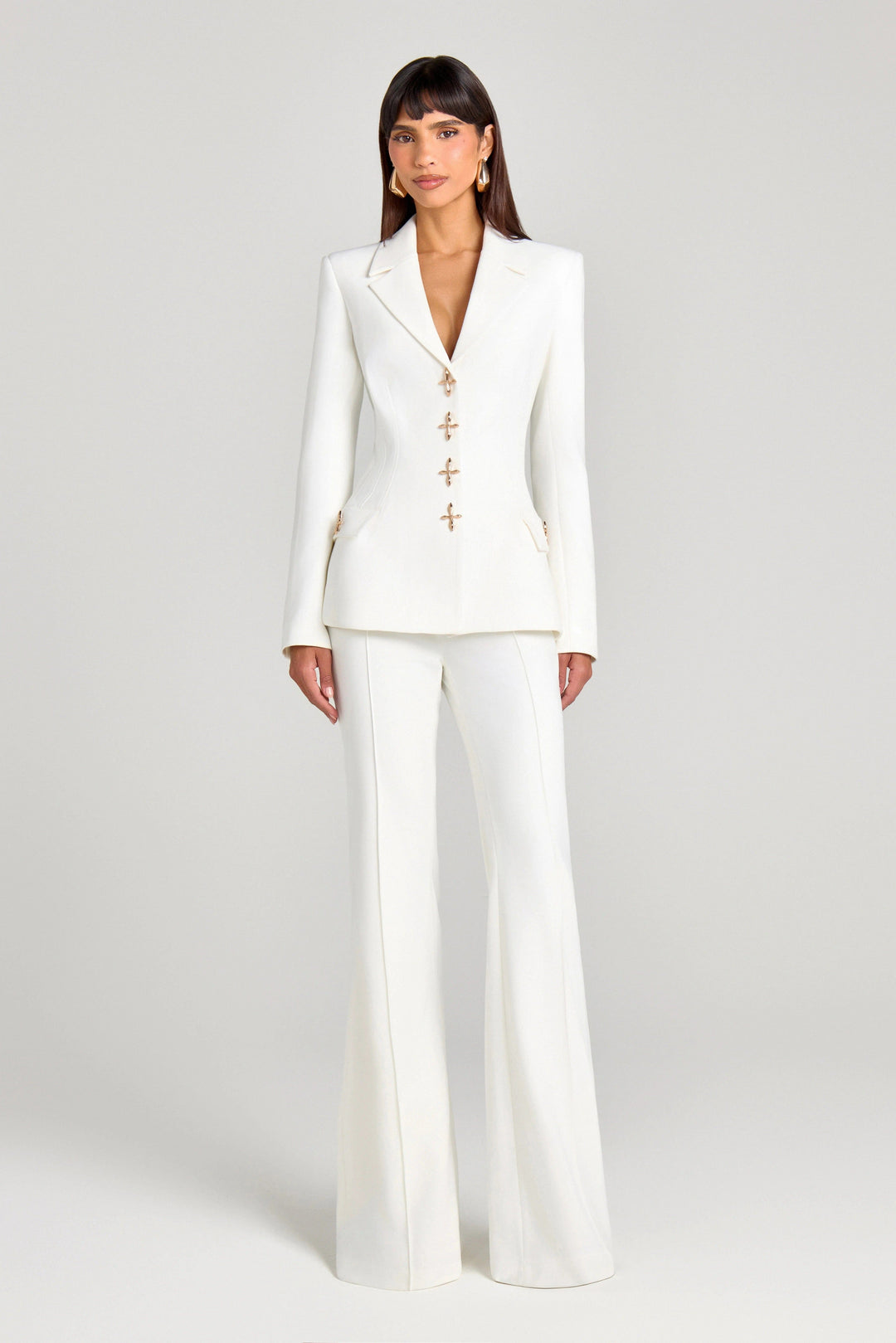 solovedress White 2 Piece Gold Single Breasted  Casual Women's Suit (Blazer+Pants)