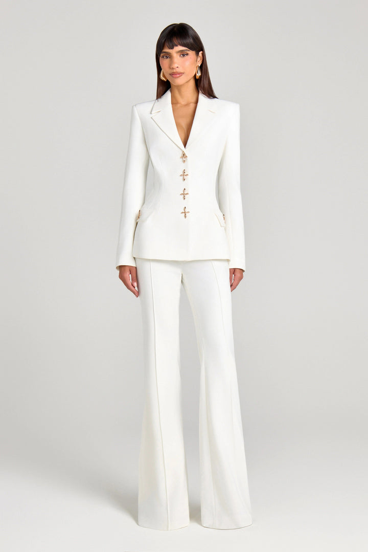 solovedress White 2 Piece Gold Single Breasted  Casual Women's Suit (Blazer+Pants)