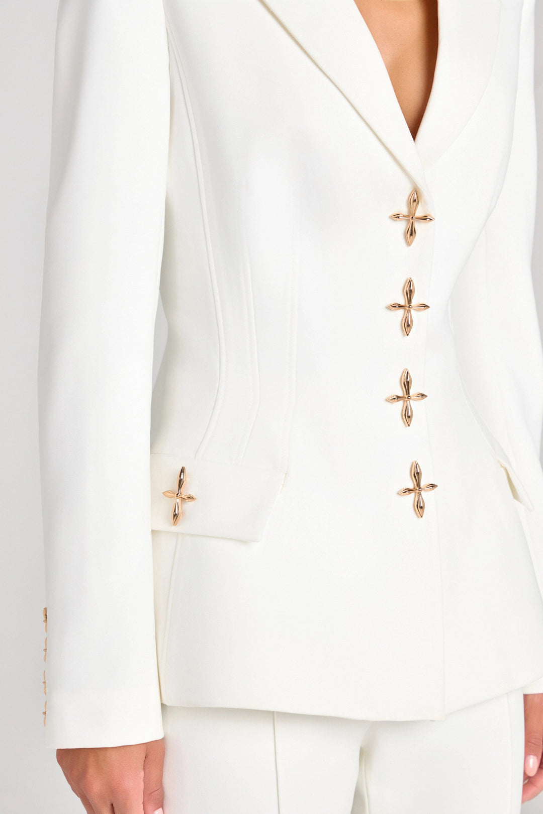 solovedress White 2 Piece Gold Single Breasted  Casual Women's Suit (Blazer+Pants)