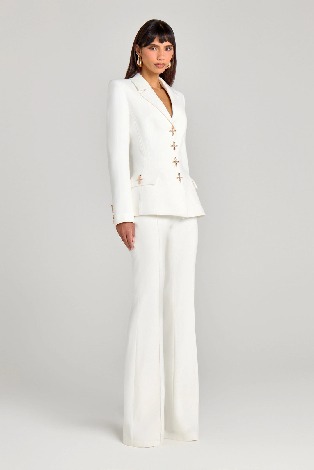 solovedress White 2 Piece Gold Single Breasted  Casual Women's Suit (Blazer+Pants)