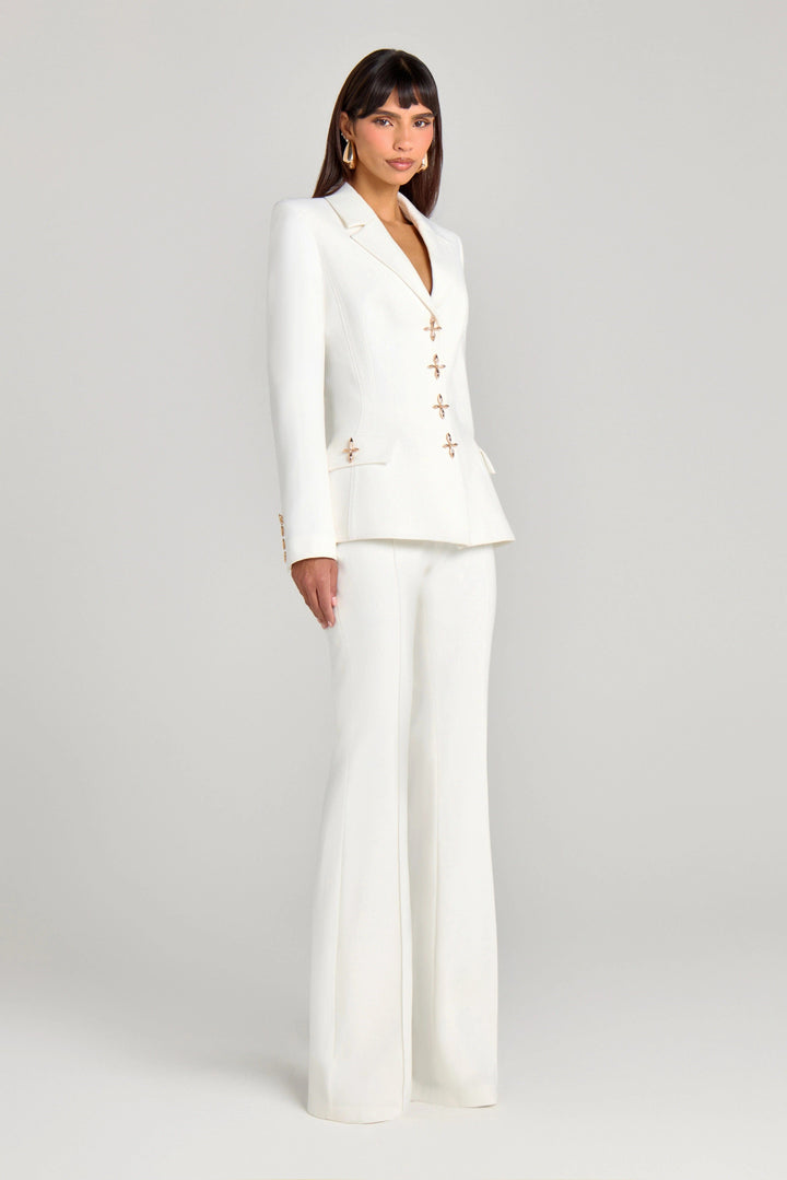 solovedress White 2 Piece Gold Single Breasted  Casual Women's Suit (Blazer+Pants)