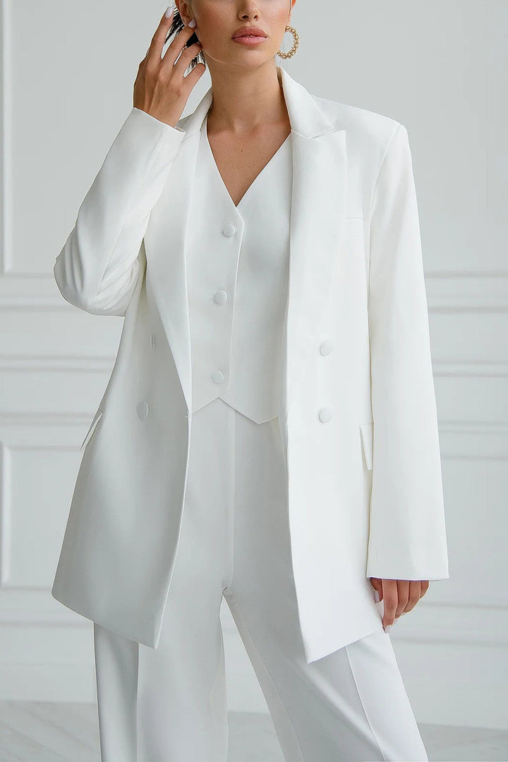 solovedress White 3 Piece Double Breasted Peak Lapel Casual Slim Fit Women Suit