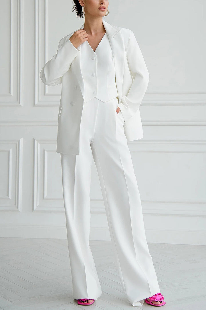 solovedress White 3 Piece Double Breasted Peak Lapel Casual Slim Fit Women Suit