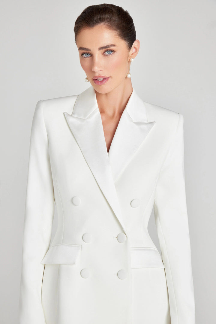 solovedress White Double Breasted Satin Lapel Women Blazer