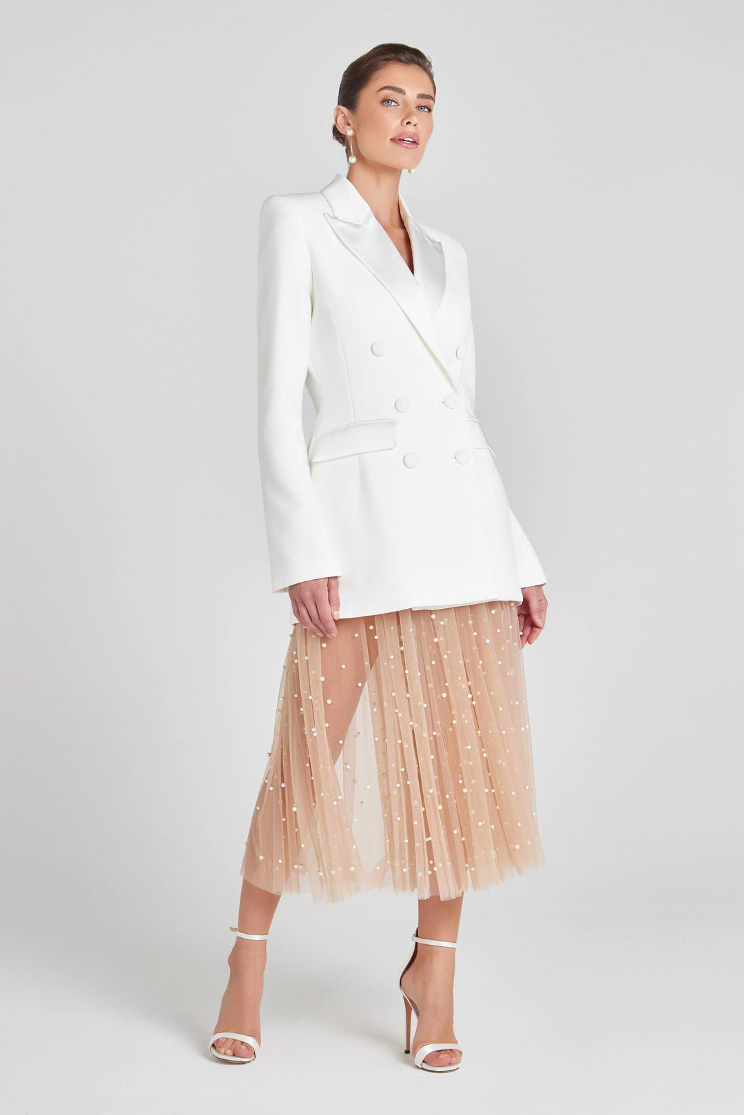 solovedress White Double Breasted Satin Lapel Women Blazer