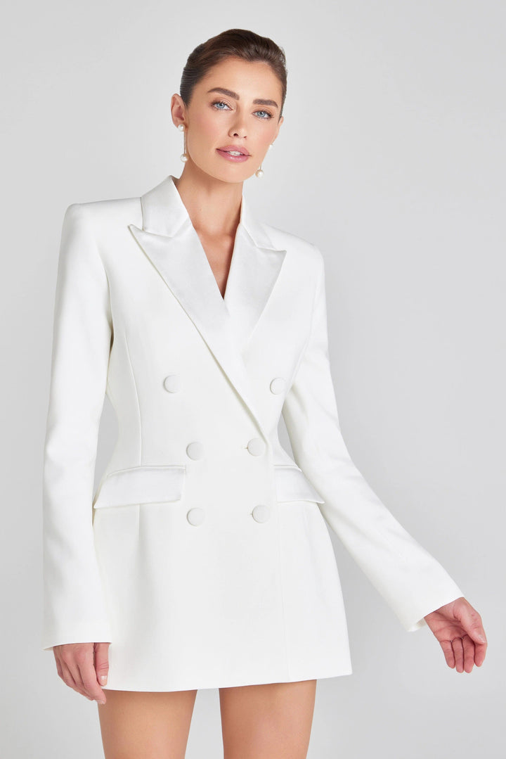 solovedress White Double Breasted Satin Lapel Women Blazer