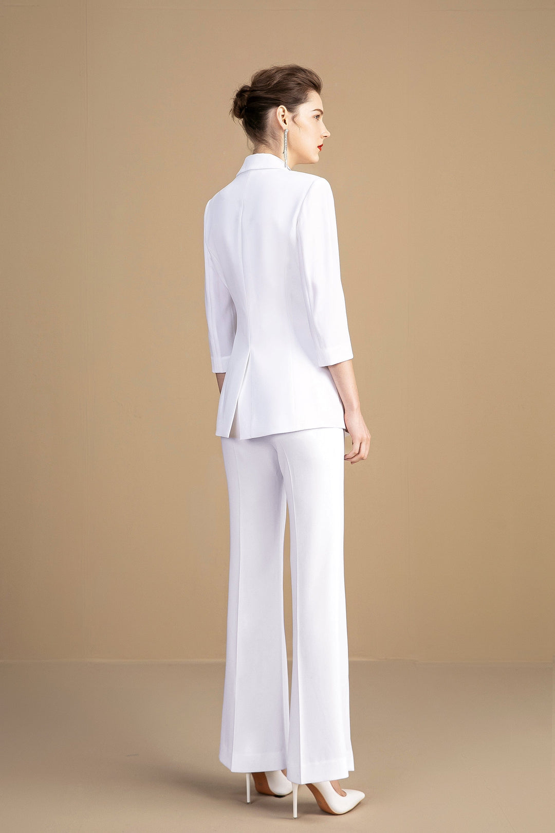 solovedress White Women's Two-Piece Suit with Embellished Three-Quarter Sleeves