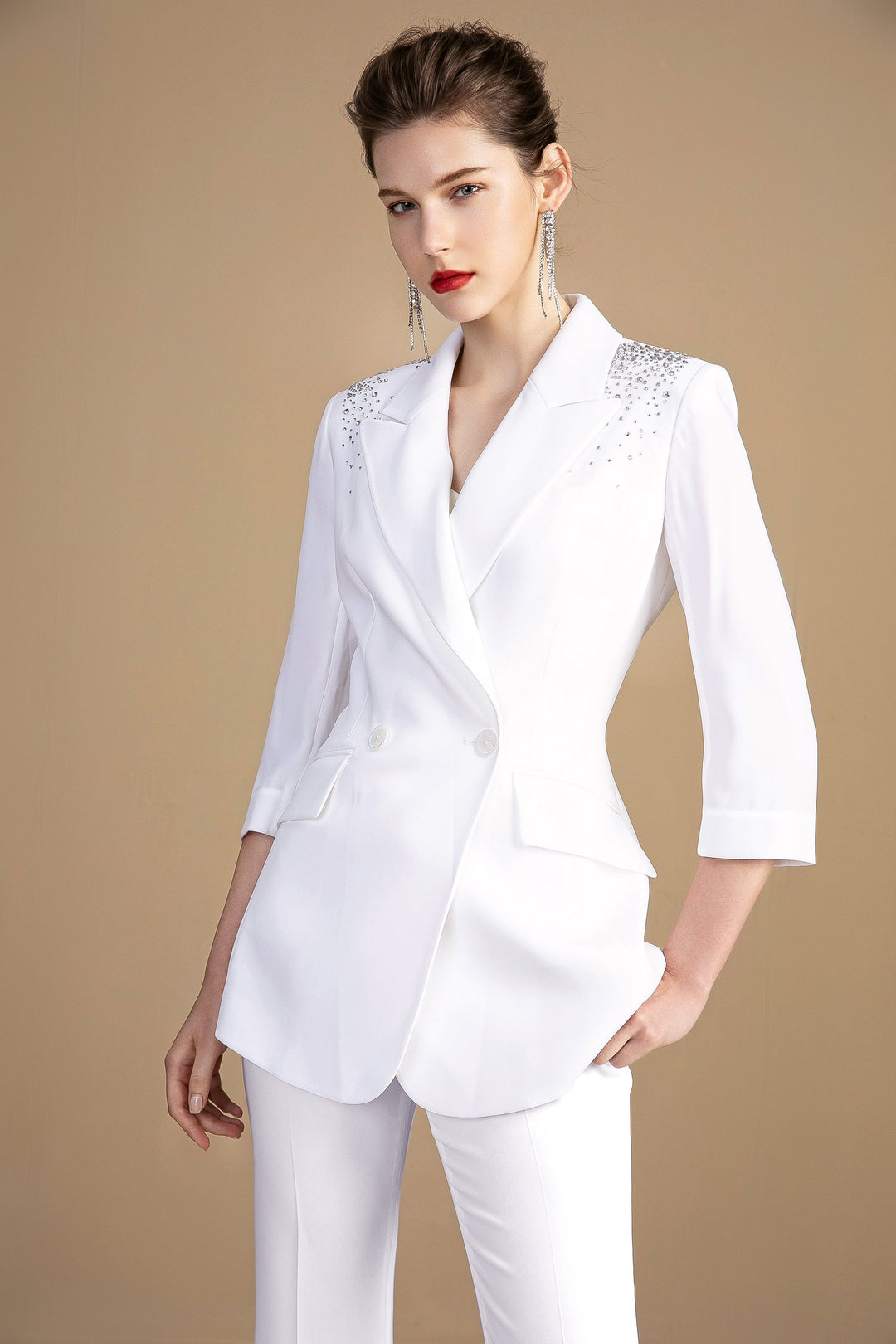 solovedress White Women's Two-Piece Suit with Embellished Three-Quarter Sleeves
