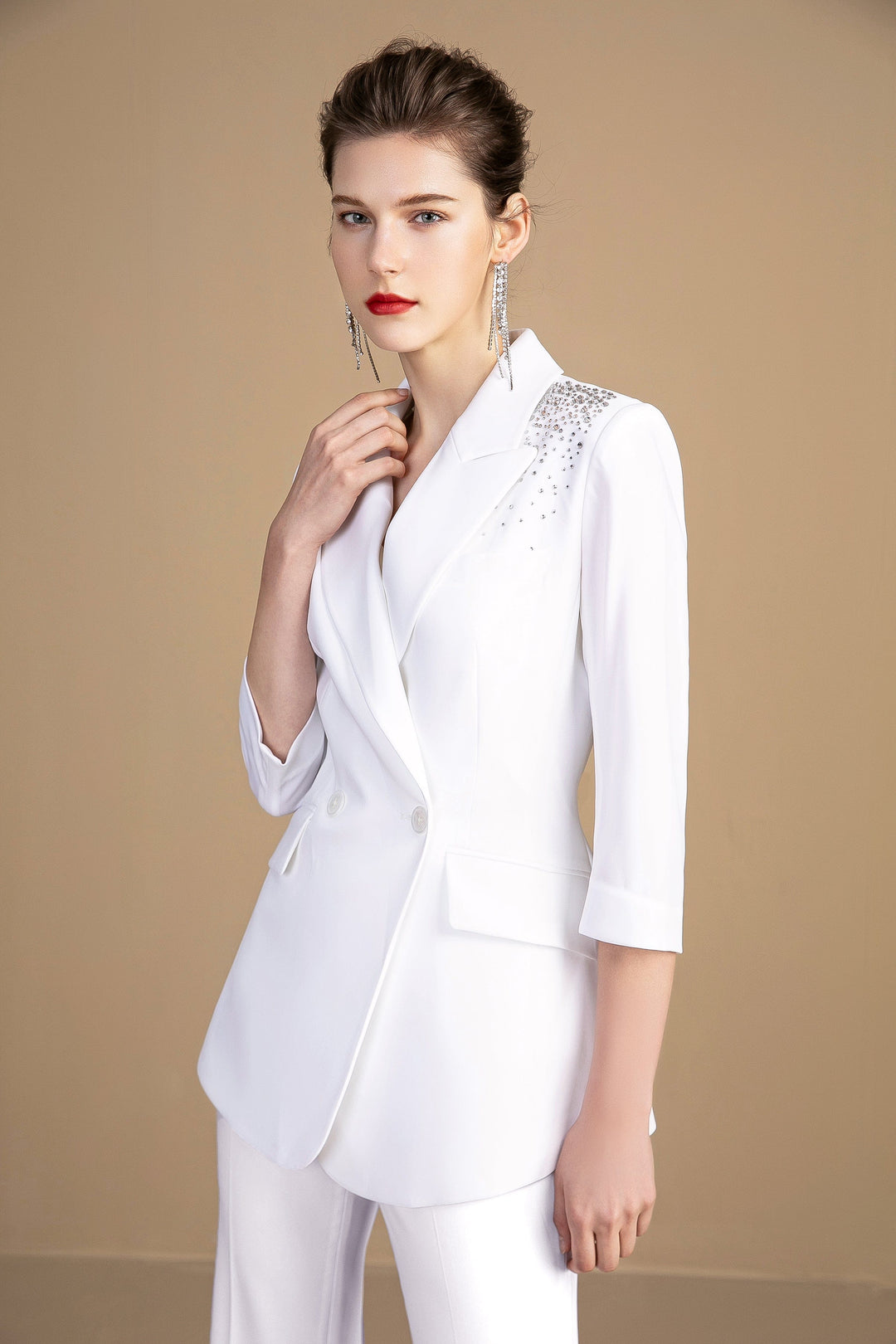solovedress White Women's Two-Piece Suit with Embellished Three-Quarter Sleeves