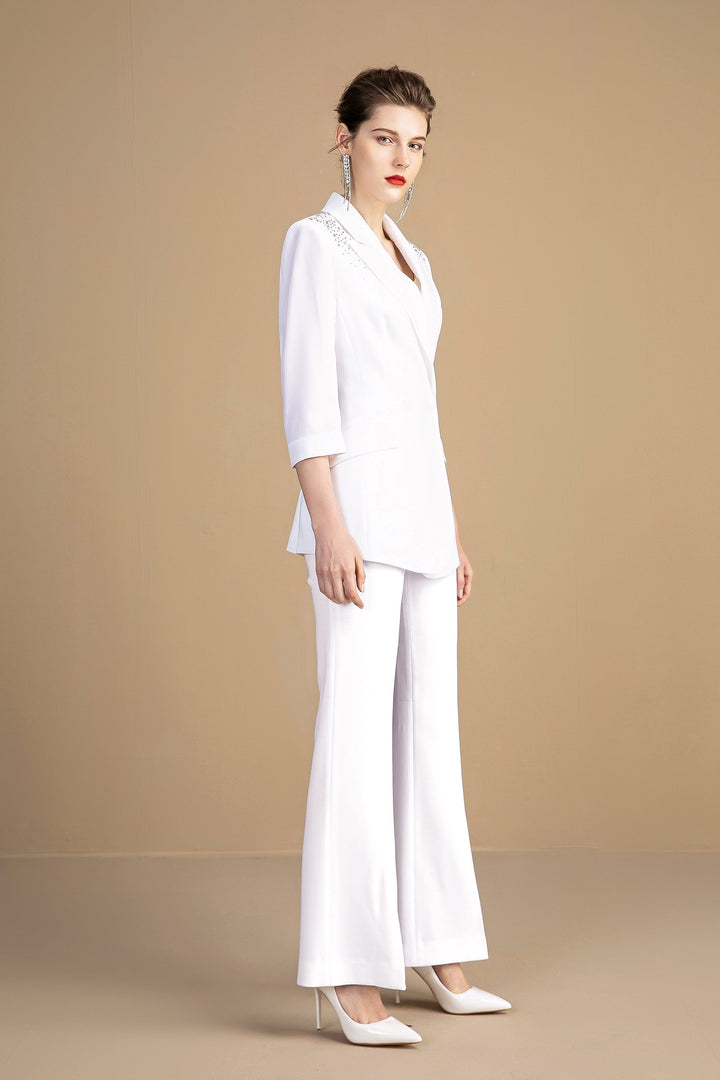 solovedress White Women's Two-Piece Suit with Embellished Three-Quarter Sleeves