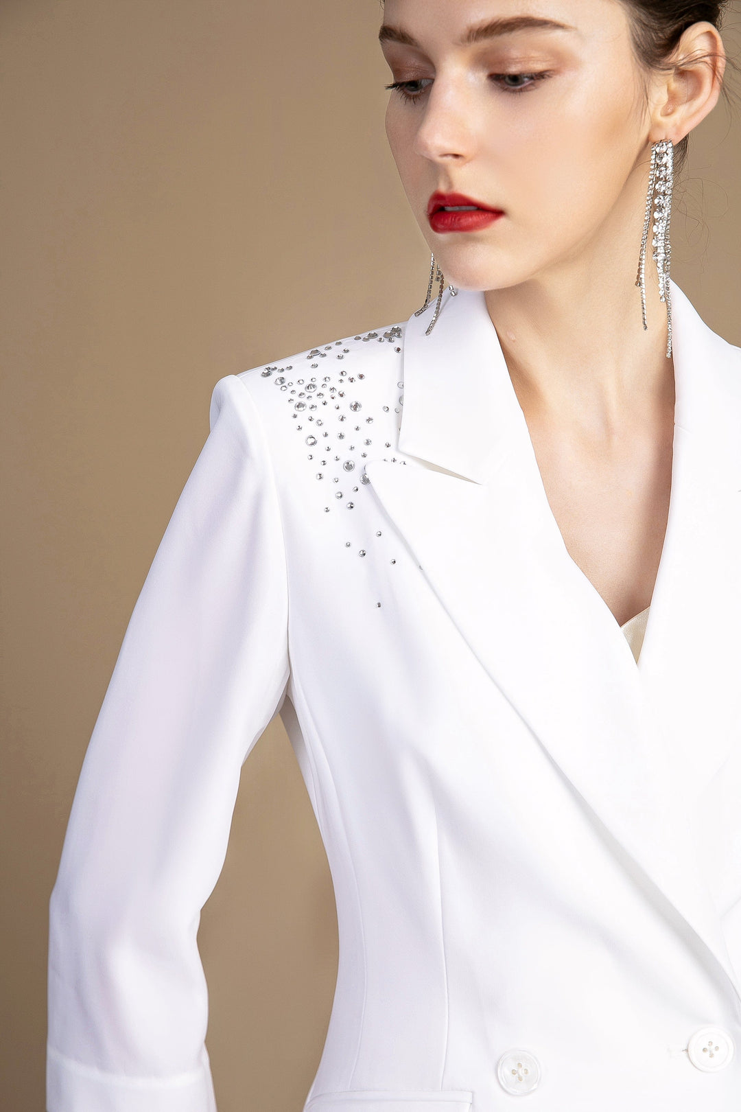 solovedress White Women's Two-Piece Suit with Embellished Three-Quarter Sleeves