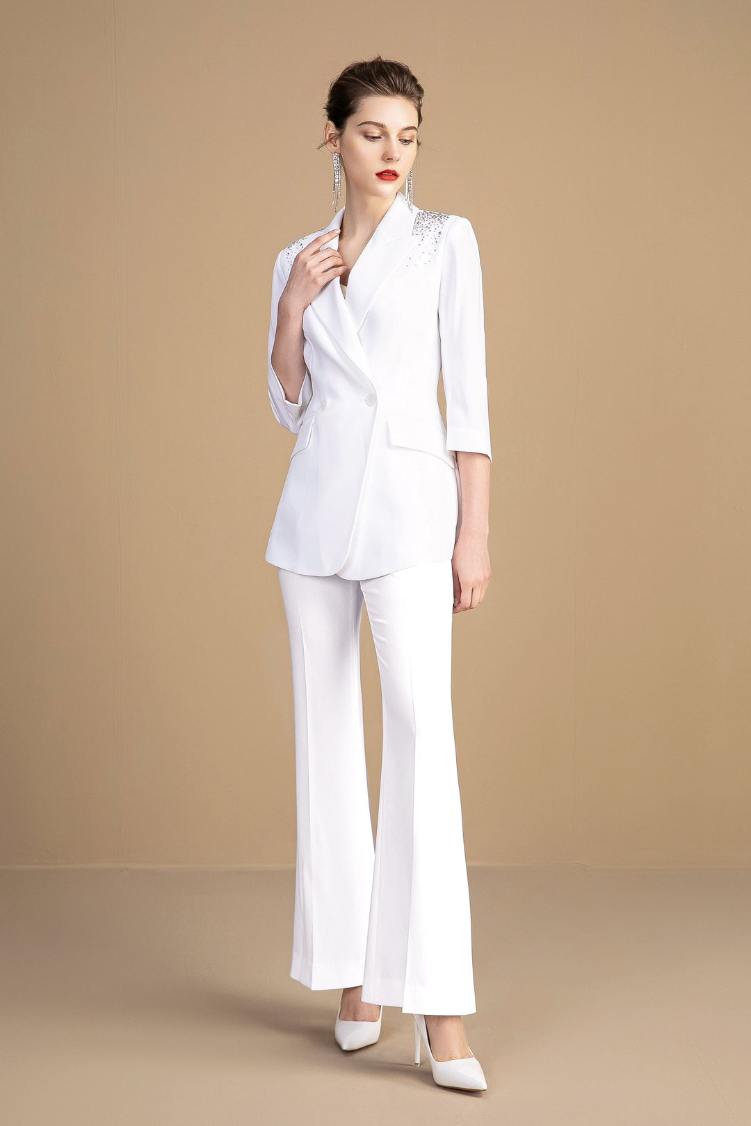 solovedress White Women's Two-Piece Suit with Embellished Three-Quarter Sleeves
