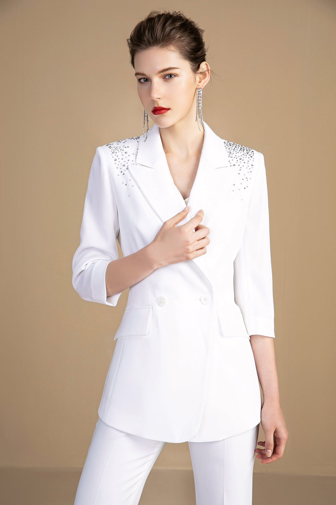 solovedress White Women's Two-Piece Suit with Embellished Three-Quarter Sleeves