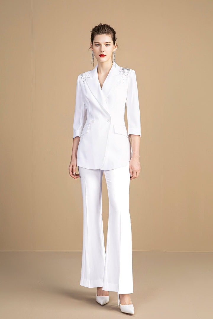 solovedress White Women's Two-Piece Suit with Embellished Three-Quarter Sleeves