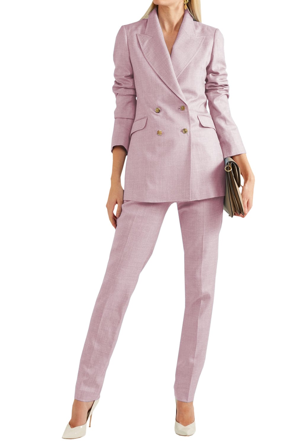 solovedress Women Linen Suit 2 Piece Peak Lapel Double Breasted Jacked (Blazer+Pants)