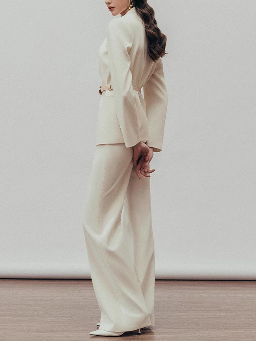 solovedress Women’s Apricot Belted Blazer Pants Suit – Elegant Wide-Leg Two Piece