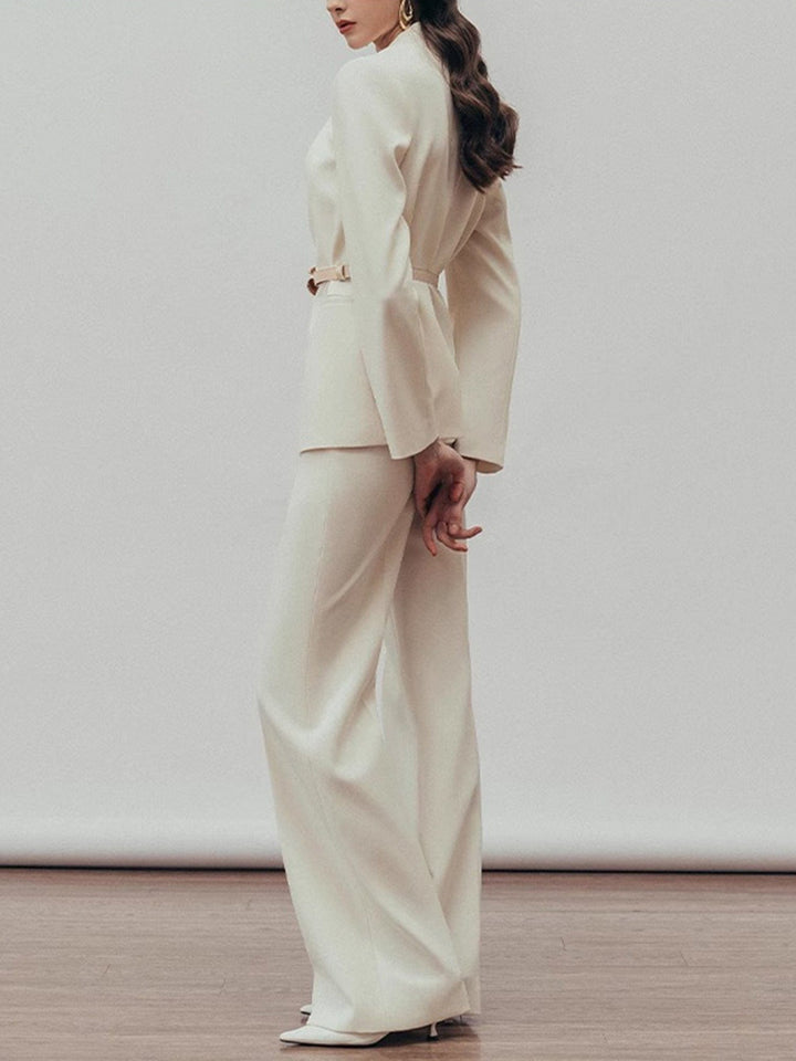 solovedress Women’s Apricot Belted Blazer Pants Suit – Elegant Wide-Leg Two Piece