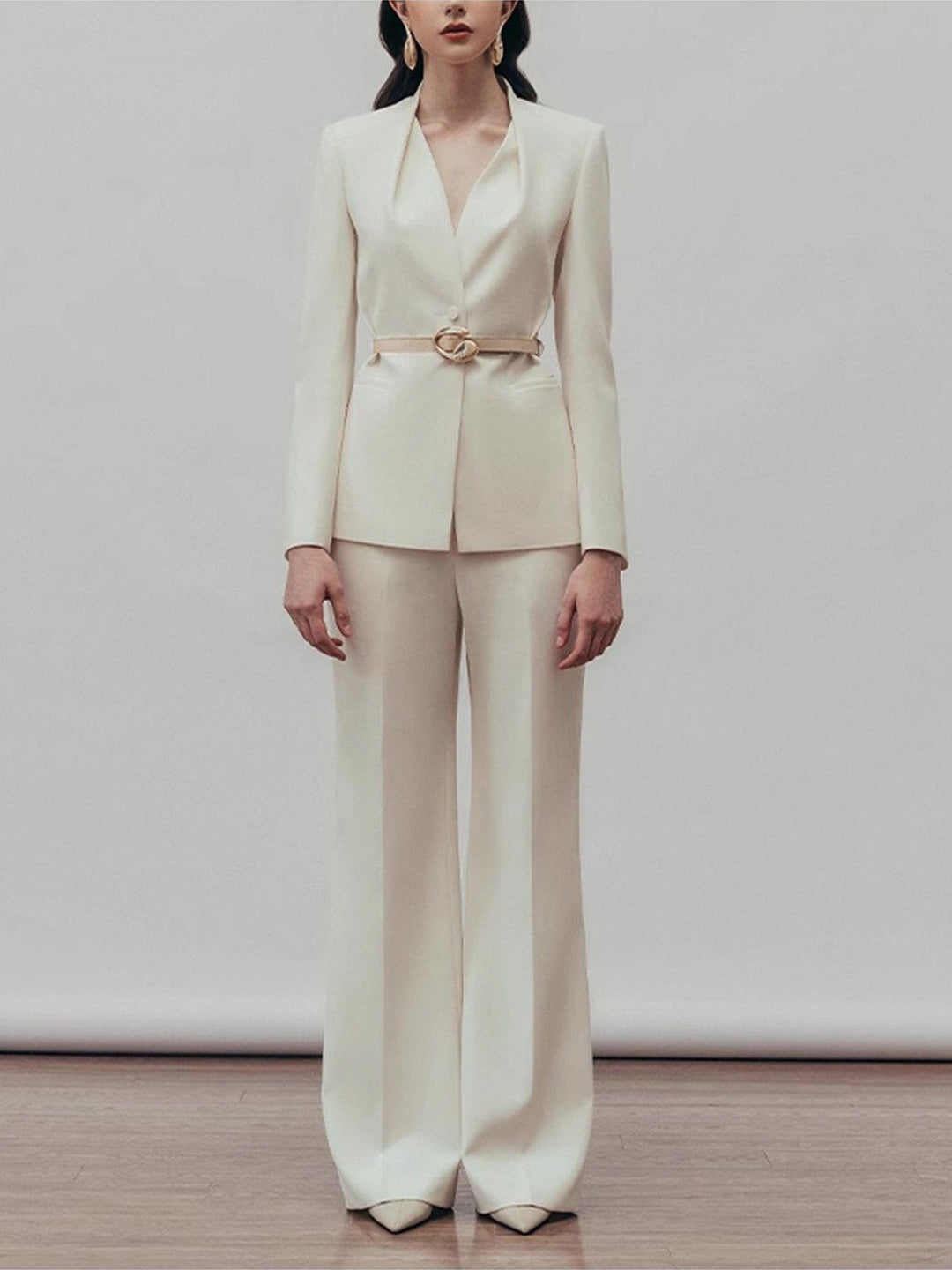 solovedress Women’s Apricot Belted Blazer Pants Suit – Elegant Wide-Leg Two Piece