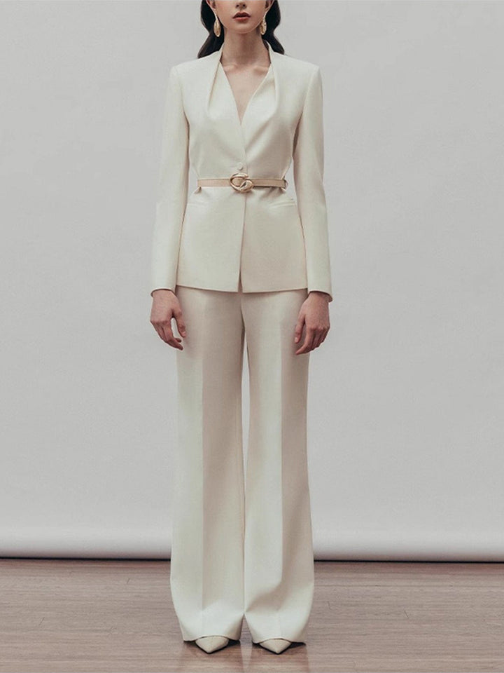 solovedress Women’s Apricot Belted Blazer Pants Suit – Elegant Wide-Leg Two Piece