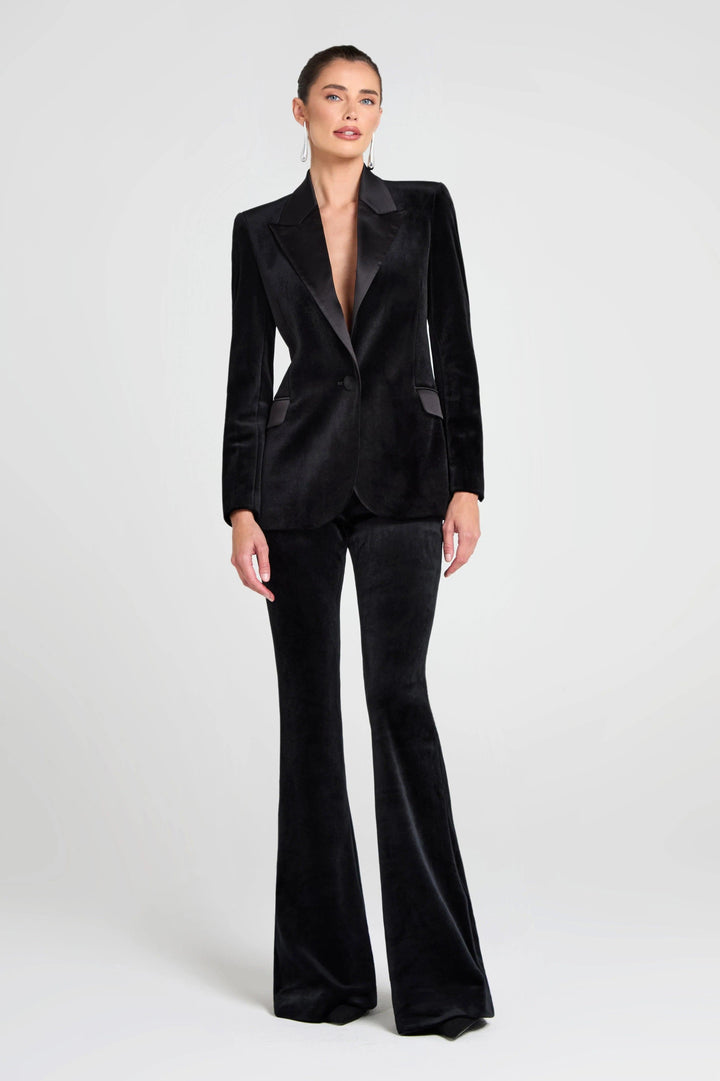 solovedress Women's Black Velvet Satin Peak Lapel Suit (Blazer+Pants)