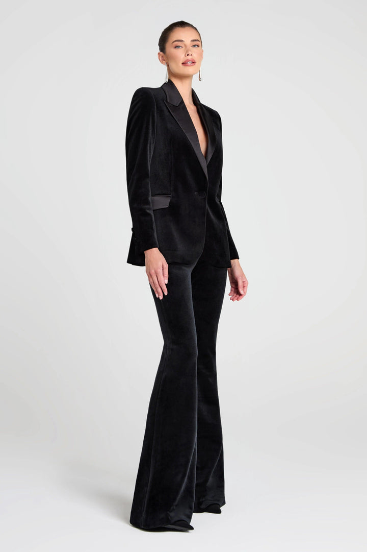 solovedress Women's Black Velvet Satin Peak Lapel Suit (Blazer+Pants)