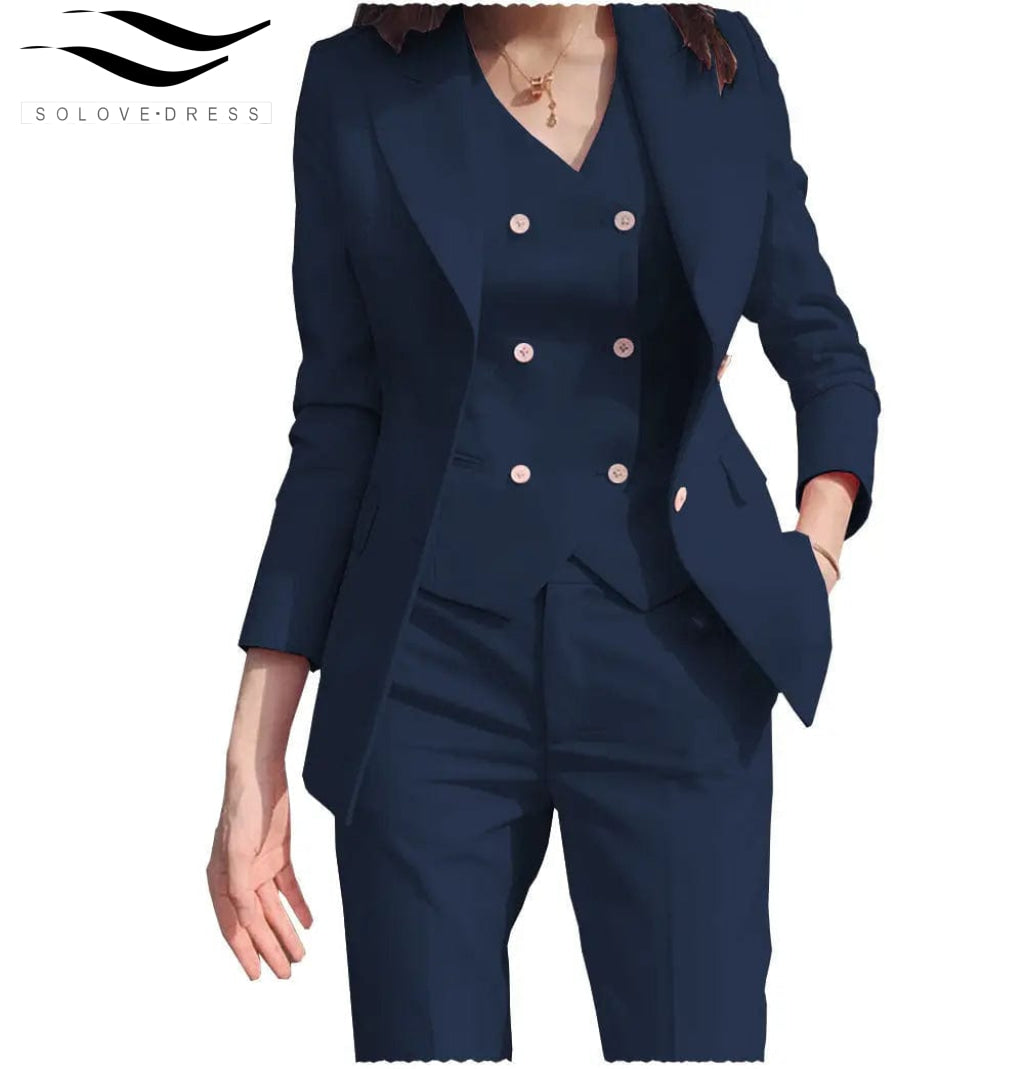 solovedress Women‘s Business Suit 3 Pieces Slim Fit Solid Color Peak Lapel Suit (Blazer+vest+Pants)