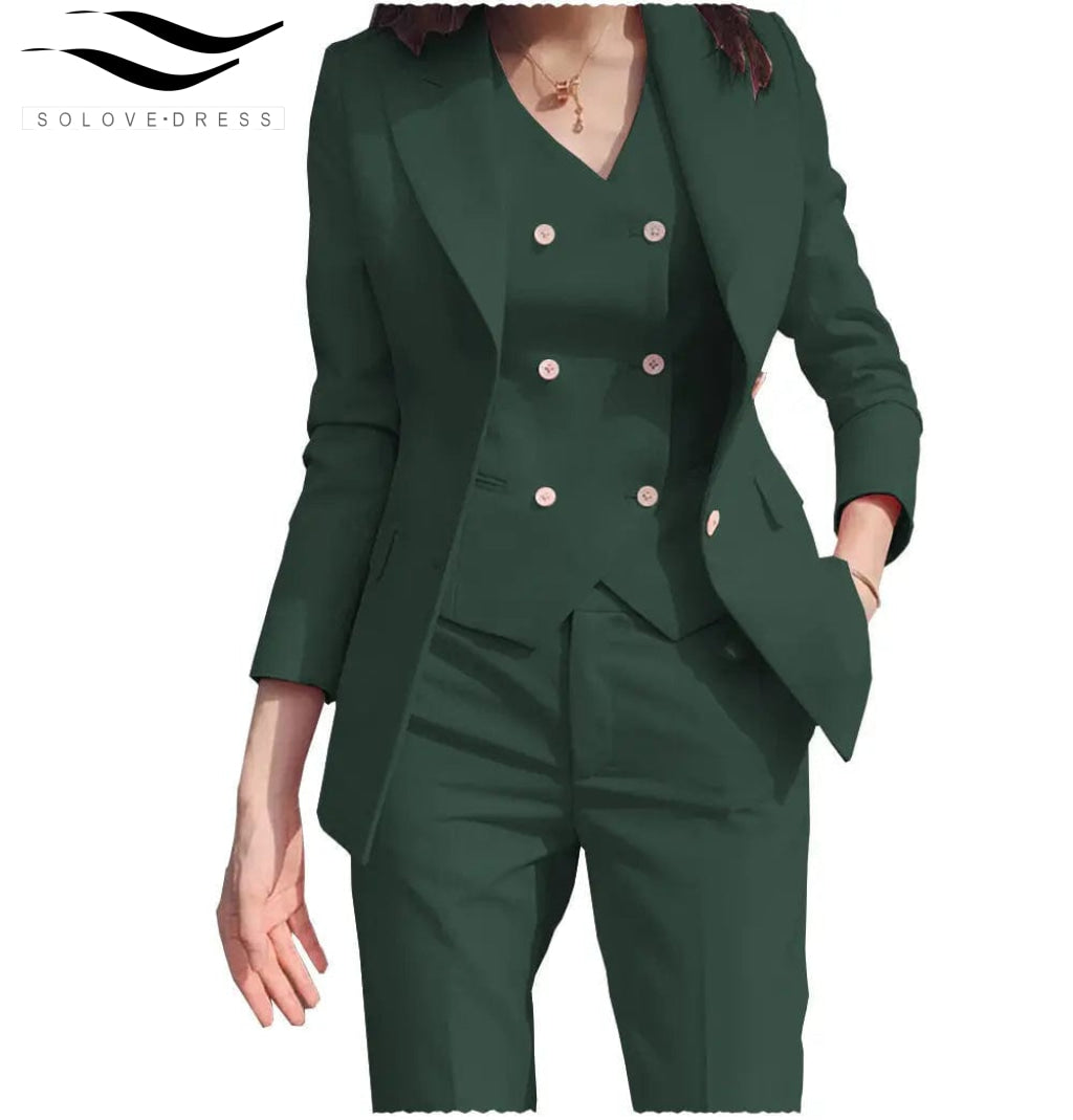 solovedress Women‘s Business Suit 3 Pieces Slim Fit Solid Color Peak Lapel Suit (Blazer+vest+Pants)