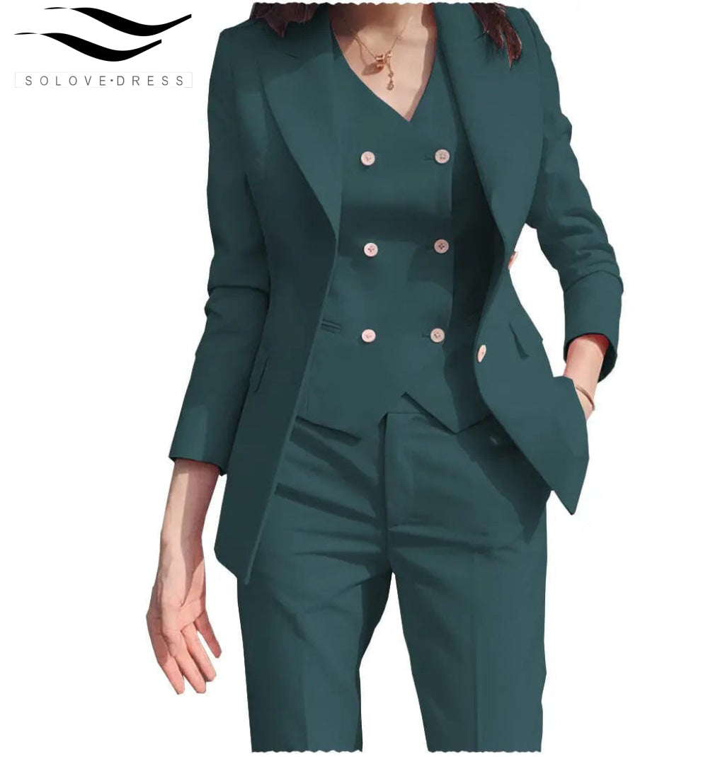 solovedress Women‘s Business Suit 3 Pieces Slim Fit Solid Color Peak Lapel Suit (Blazer+vest+Pants)